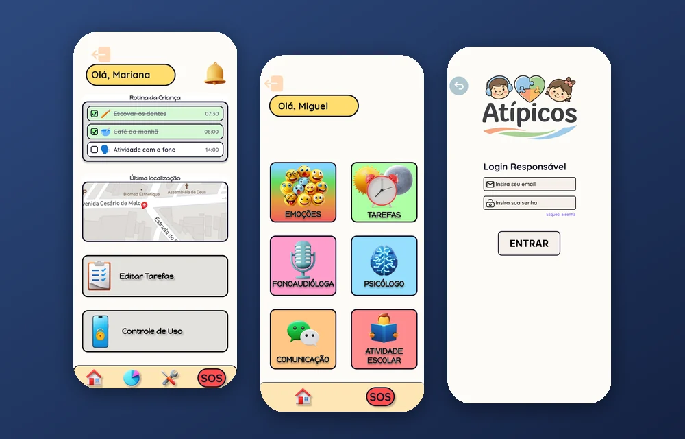 Telas do aplicativo Atípicos: início do responsável com rotina e localização da criança, início da criança com atividades e tela de login do responsável