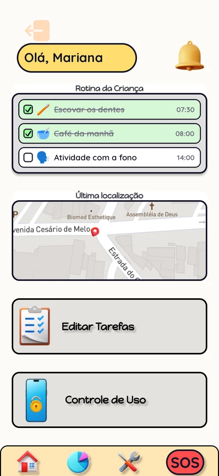 Tela inicial do responsável com rotina da criança, última localização no mapa e botão de SOS