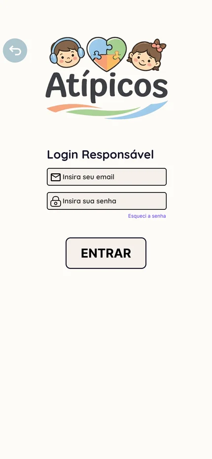 Tela de login do responsável no aplicativo Atípicos