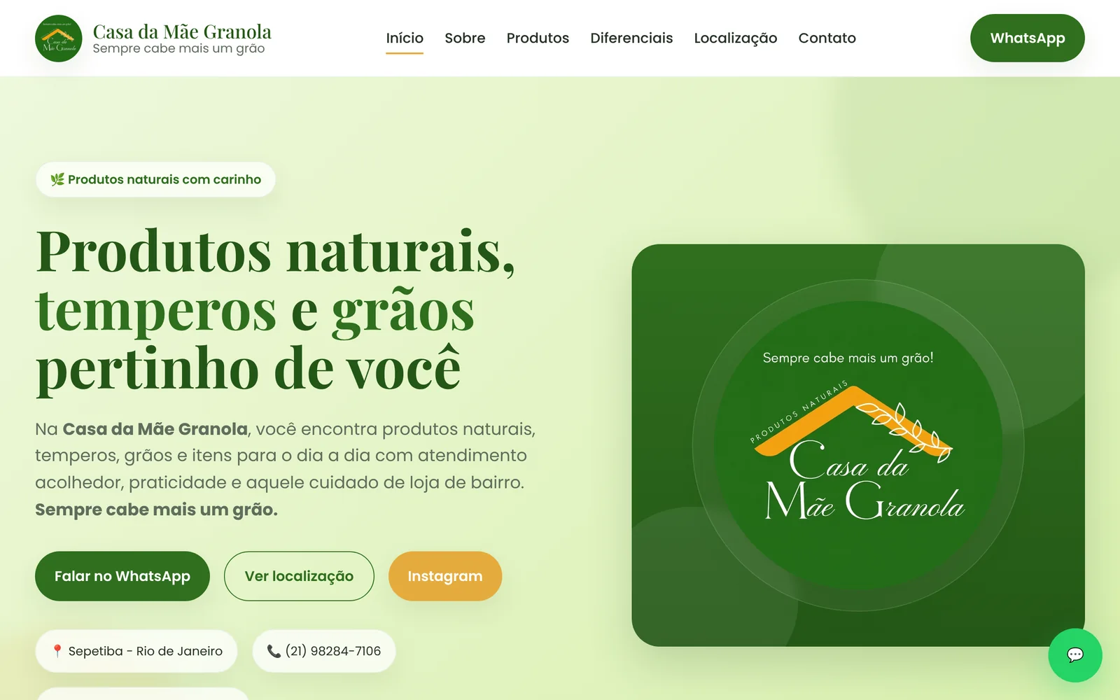 Página inicial do site da Casa da Mãe Granola no computador, com logo, menu, título e botões de contato