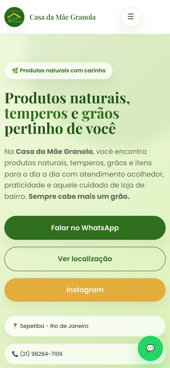 Página inicial do site da Casa da Mãe Granola no celular