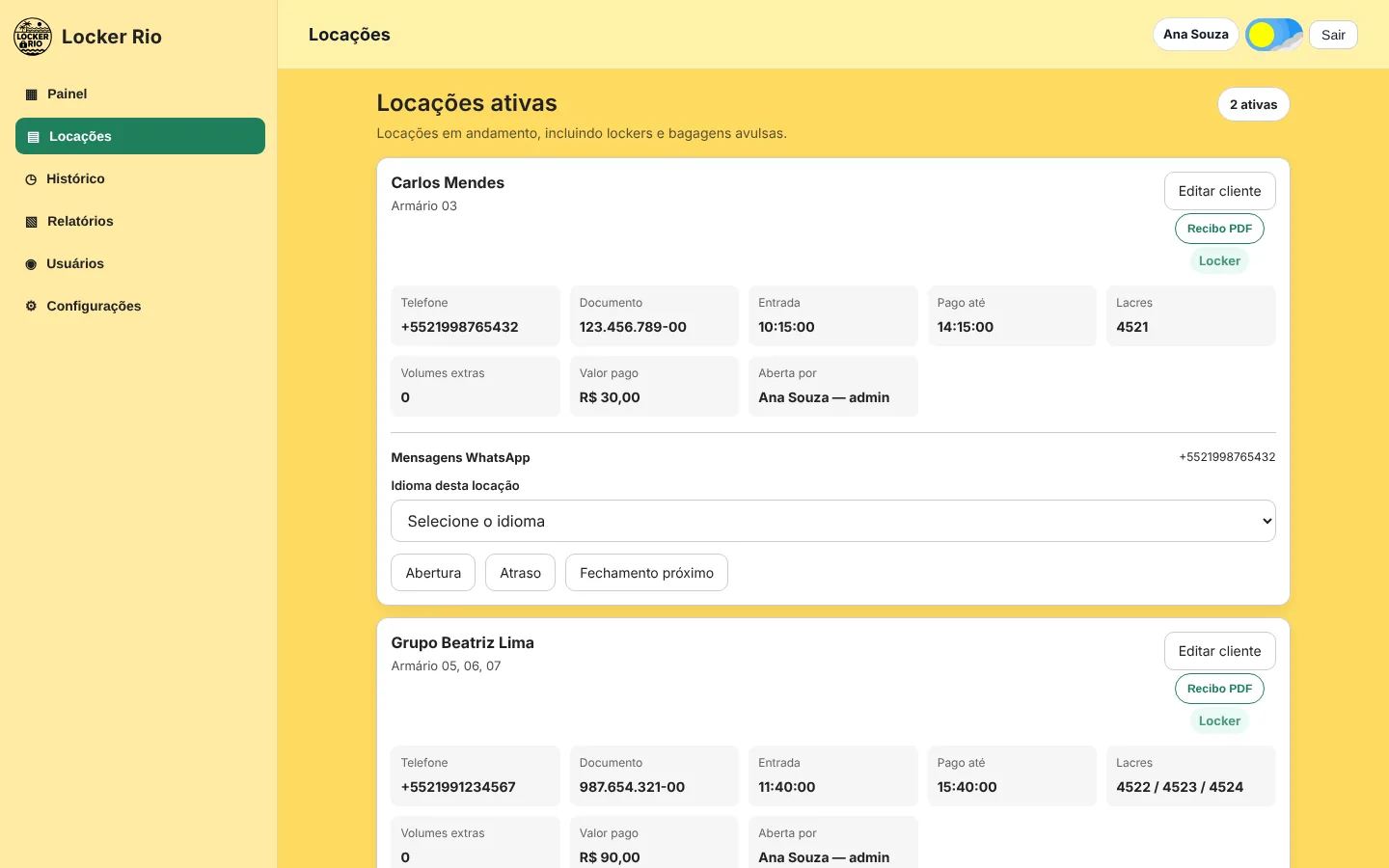Tela de locações ativas do Locker Rio com dados do cliente, valor pago, lacres e botão de recibo em PDF